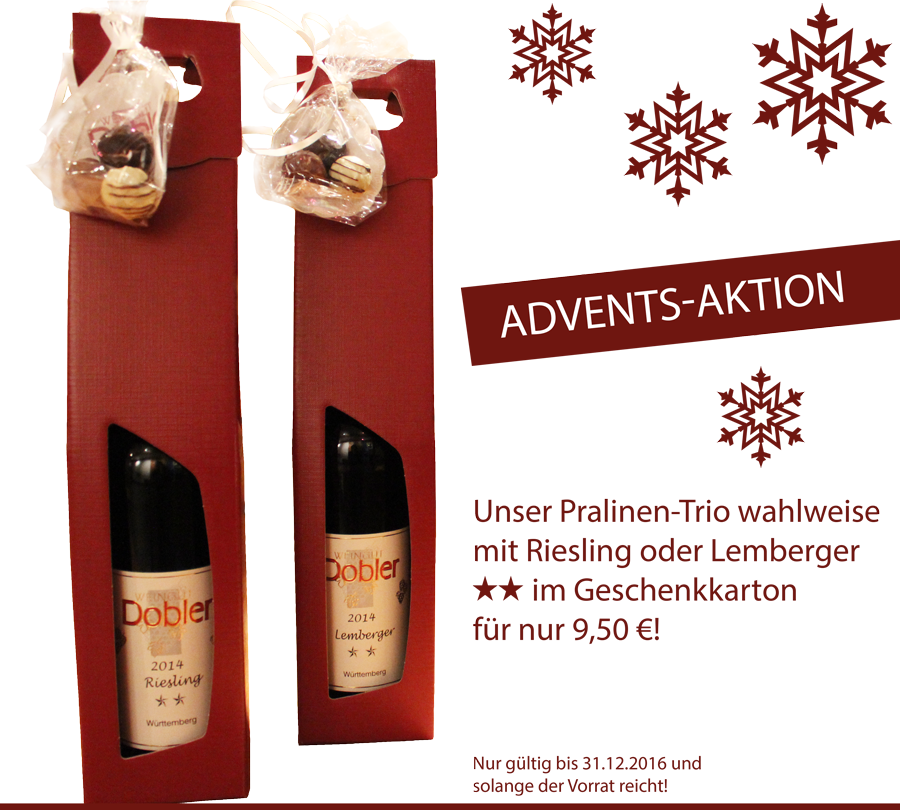 Adventsaktion: Unser Pralinentrio wahlweise mit Riesling oder Lemberger 2-Stern im Geschenkkarton für nur 9,50 €!
