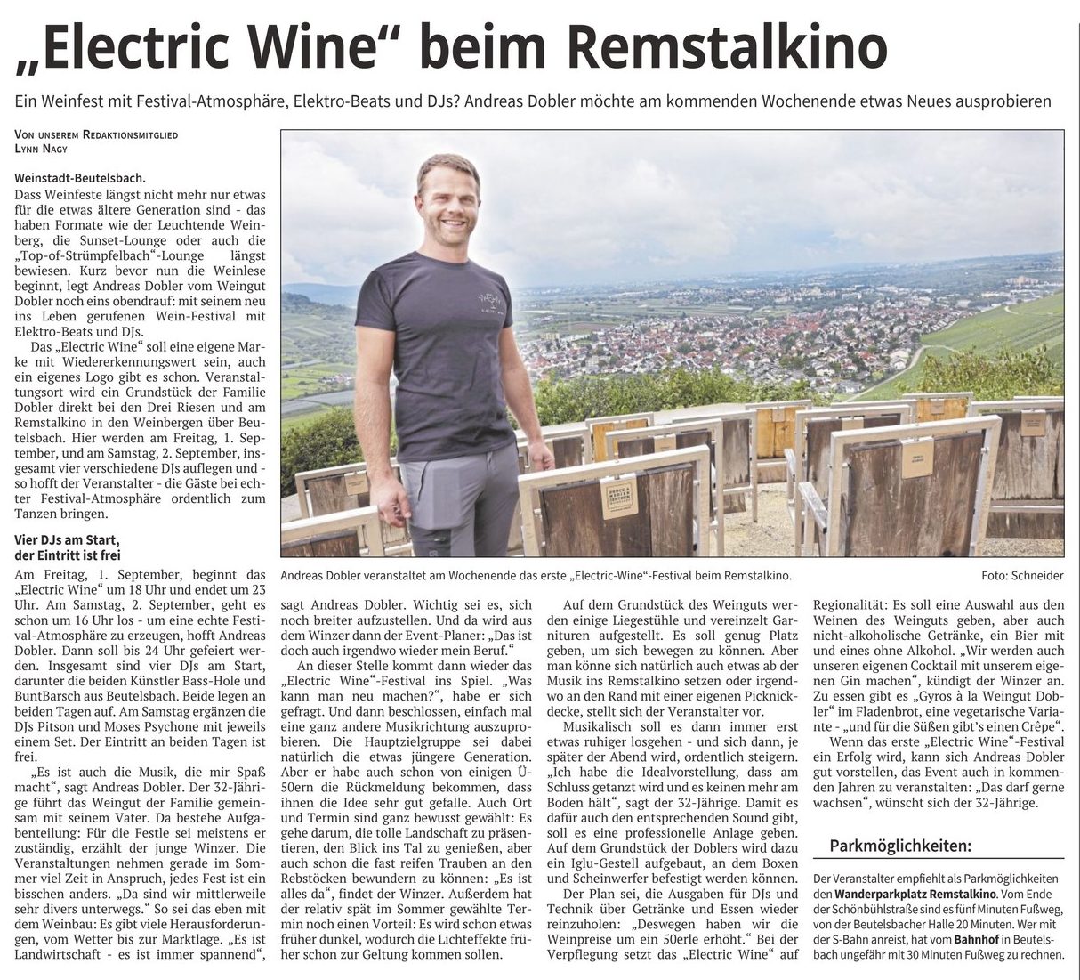 Electric Wine beim Remstalkino - Zeitungsartikel der Waiblinger Kreiszeitung vom 30.08.2023