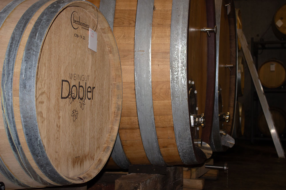 Barrique-Fässer im Holzfasskeller