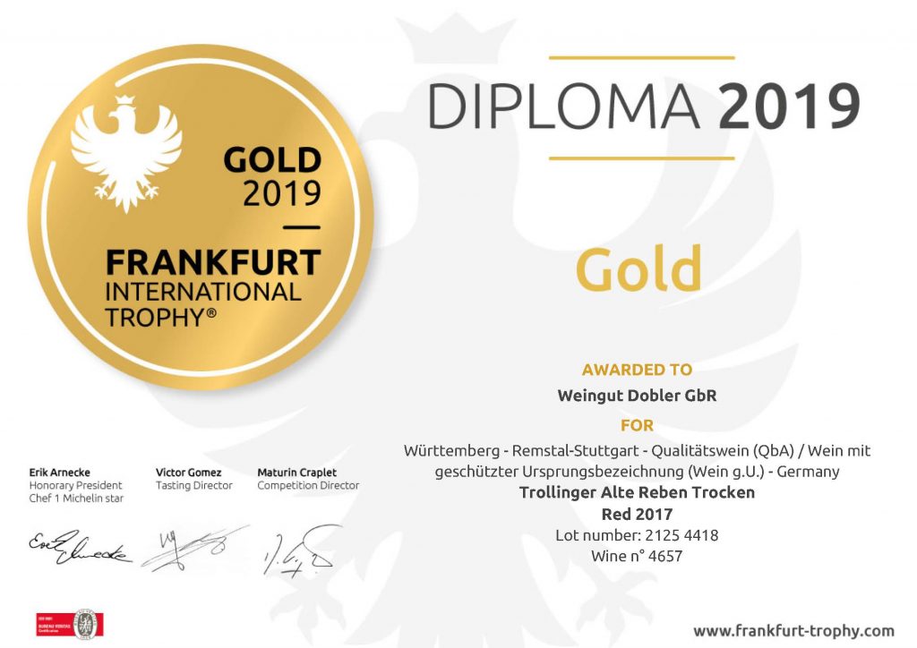 Trollinger Alte Reben 2017 vom Weingut Dobler mit Gold bei Frankfurt International Trophy